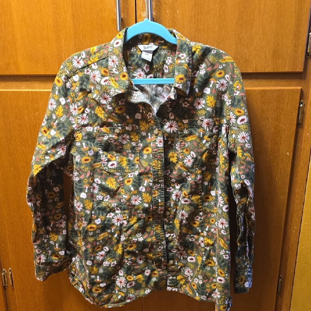 Duluth Trading Co Floral Button Down Shirt - Green and Orange